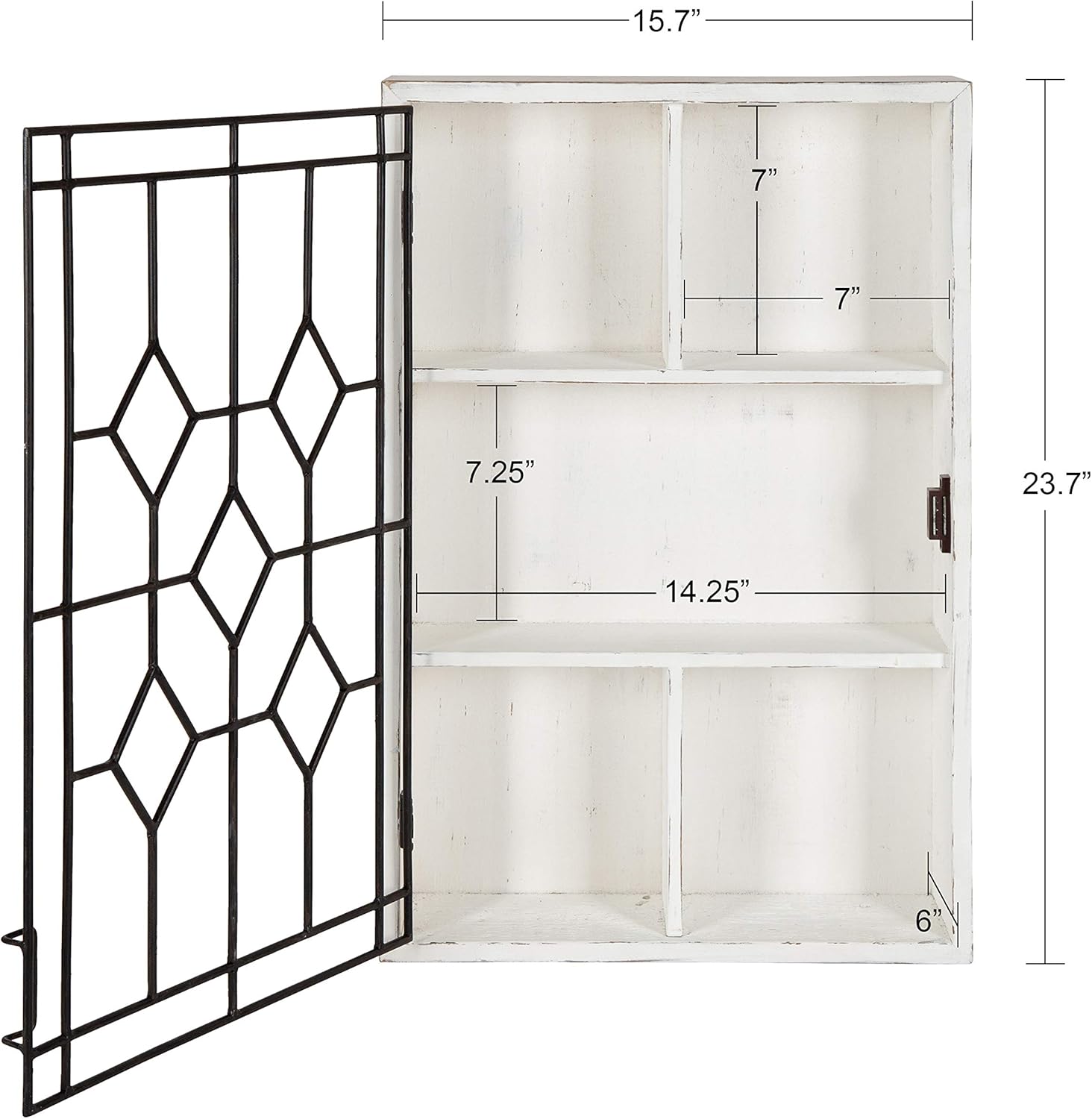 Kate and Laurel Megara Decorative Wooden Wall Hanging Curio Cabinet for Open Storage with Decorative Black Iron Door, Whitewash Finish