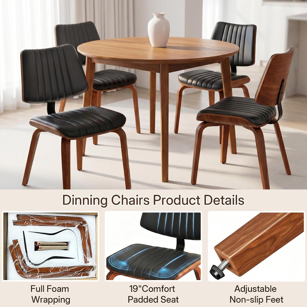 Mid Century Modern Dining Chairs Set of 4, Farmhouse Faux Leather Upholstered Curved Backrest Kitchen Chairs with Walnut Bentwood Frame for Kitchen, Makeup, Desk, Black