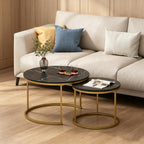 Nesting Coffee Table Set of 2, 27.6 inch Round Side Tables Coffee Table with Wood Marble Pattern Top Sturdy Metal Frame, End Table for Living Room Bedroom Balcony Yard (Black+Gold)
