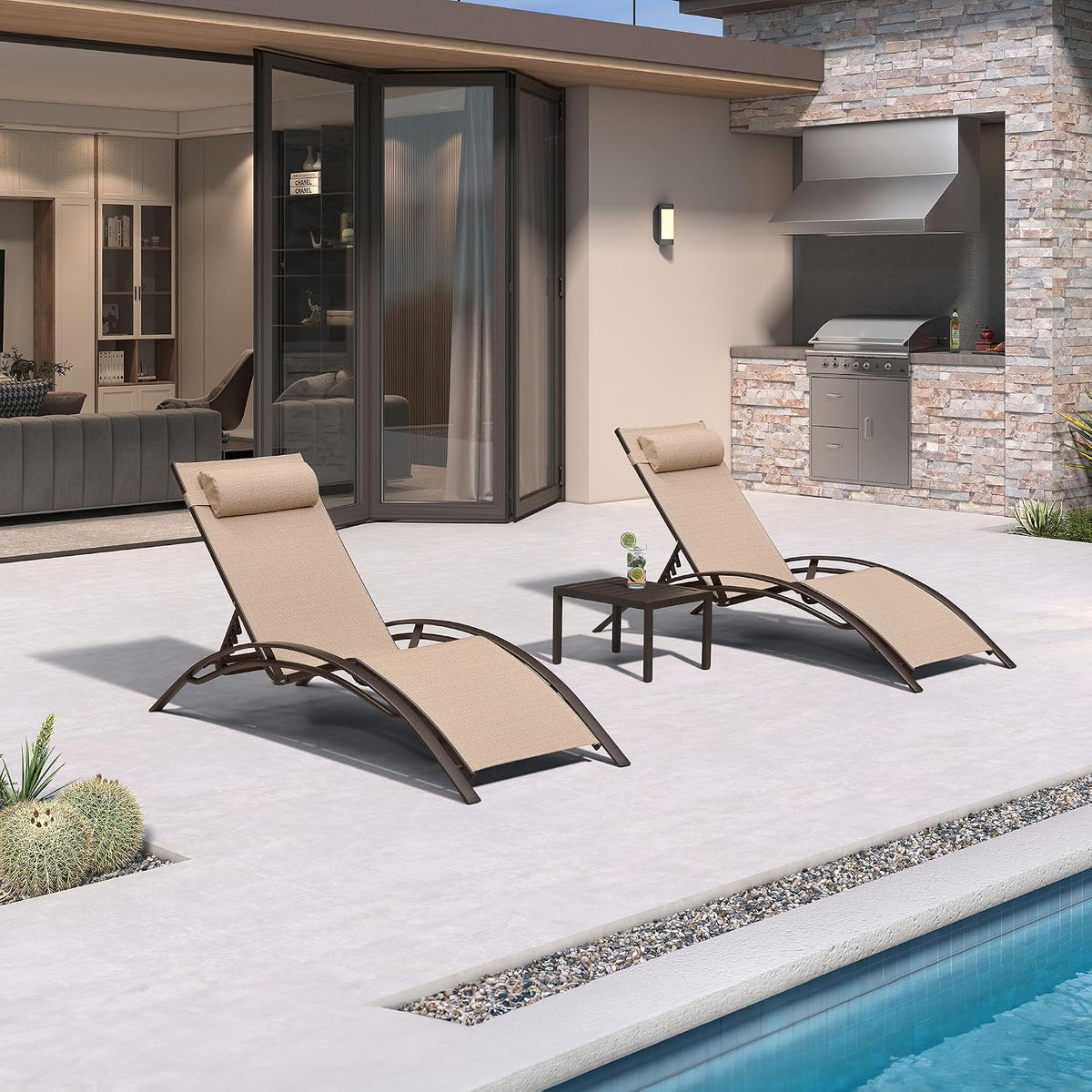 PURPLE LEAF Pool Chaise Lounge Set of 3 Bronze Aluminum Chair, Pebble Gray | 2 Chaise + 1 Table, UV Textilene Fades Less, S-Curve Backrest with Arm, 5 Recline Angles, Adjustable Headrest, Stackable