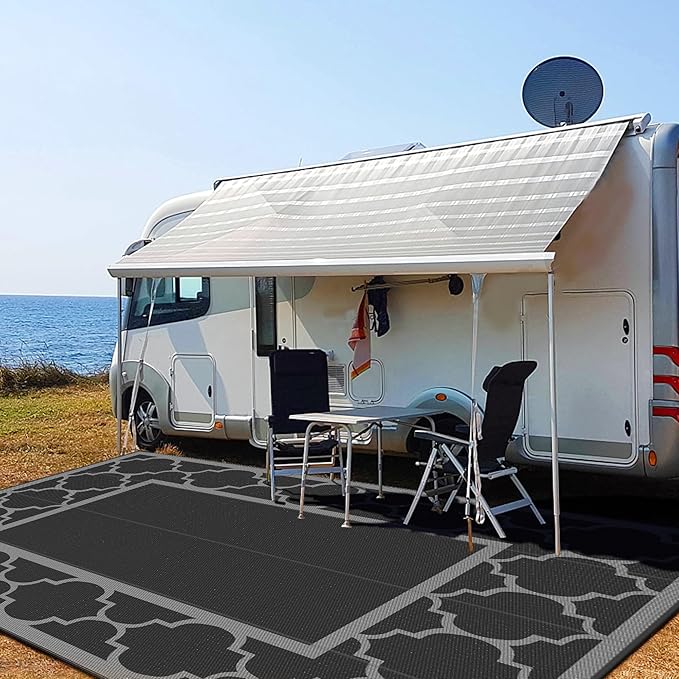 GENIMO 10 ' x 14 ' Outdoor Rug Waterproof for Patio Decor, Foldable Reversible Plastic Straw Area Rugs Mat for Camper, Outside Carpet for Rv, Deck, Porch, Picnic, Beach, Balcony, Black & Grey