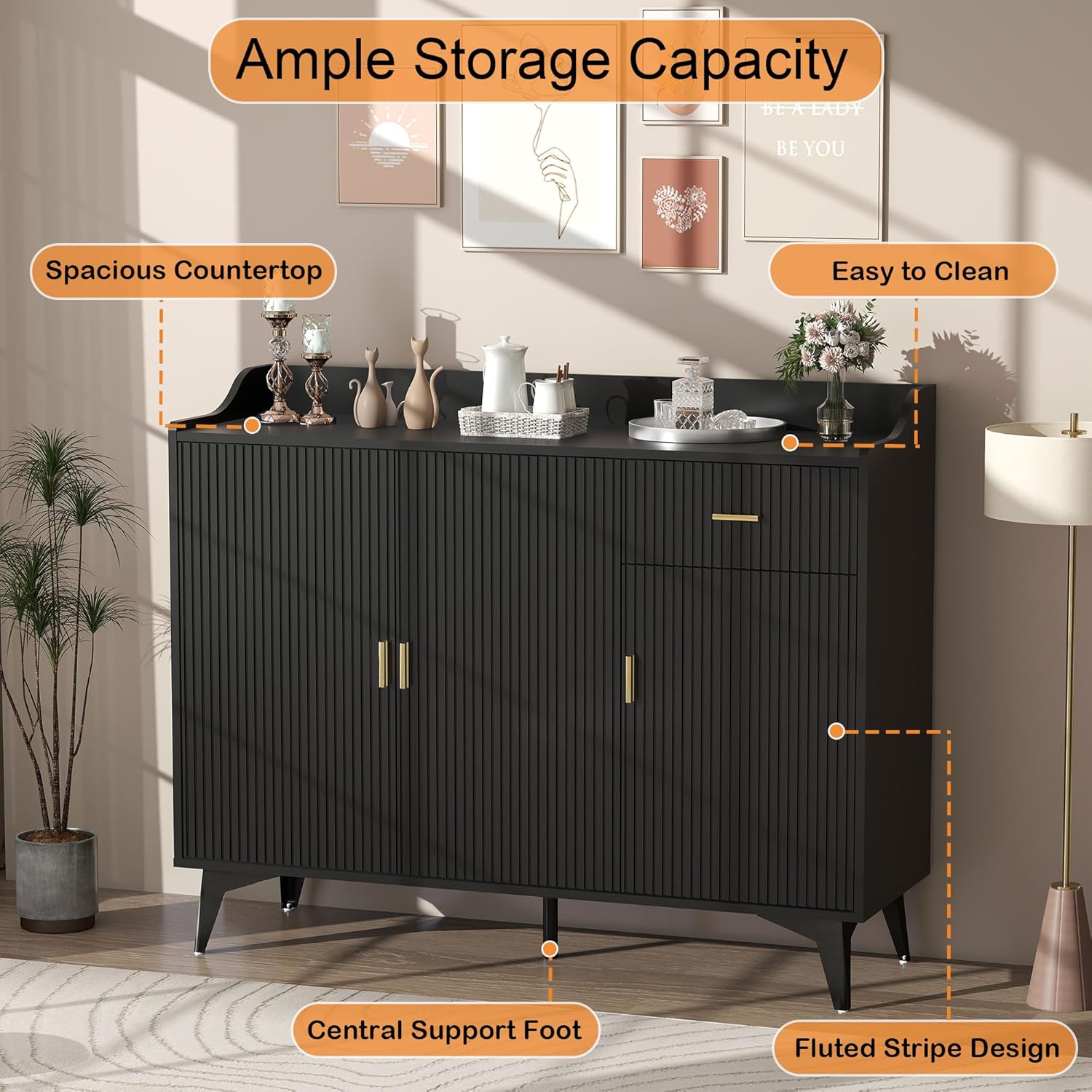 Sideboard Buffet Cabinet with Drawers: 47" Black Fluted Sideboard Cabinet with Storage, Modern Kitchen Cabinets Storage, Credenzas for Living Room (47")