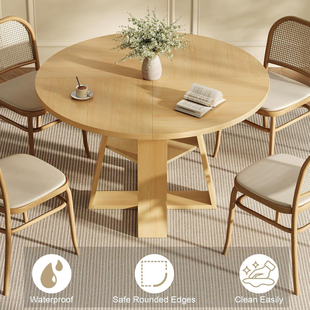 47.2" Round Dining Table for 4-6, Circle Kitchen Table with Open Storage Shelf, Farmhouse Dinner Table with Cross Pedestal Base for Dining Room, Kitchen, Living Room, Burlywood