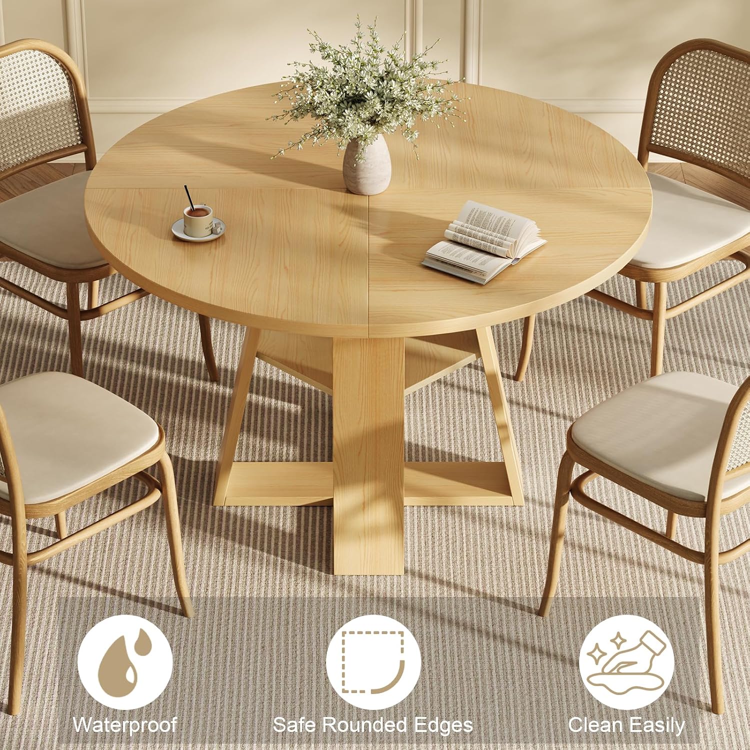 47.2" Round Dining Table for 4-6, Circle Kitchen Table with Open Storage Shelf, Farmhouse Dinner Table with Cross Pedestal Base for Dining Room, Kitchen, Living Room, Burlywood