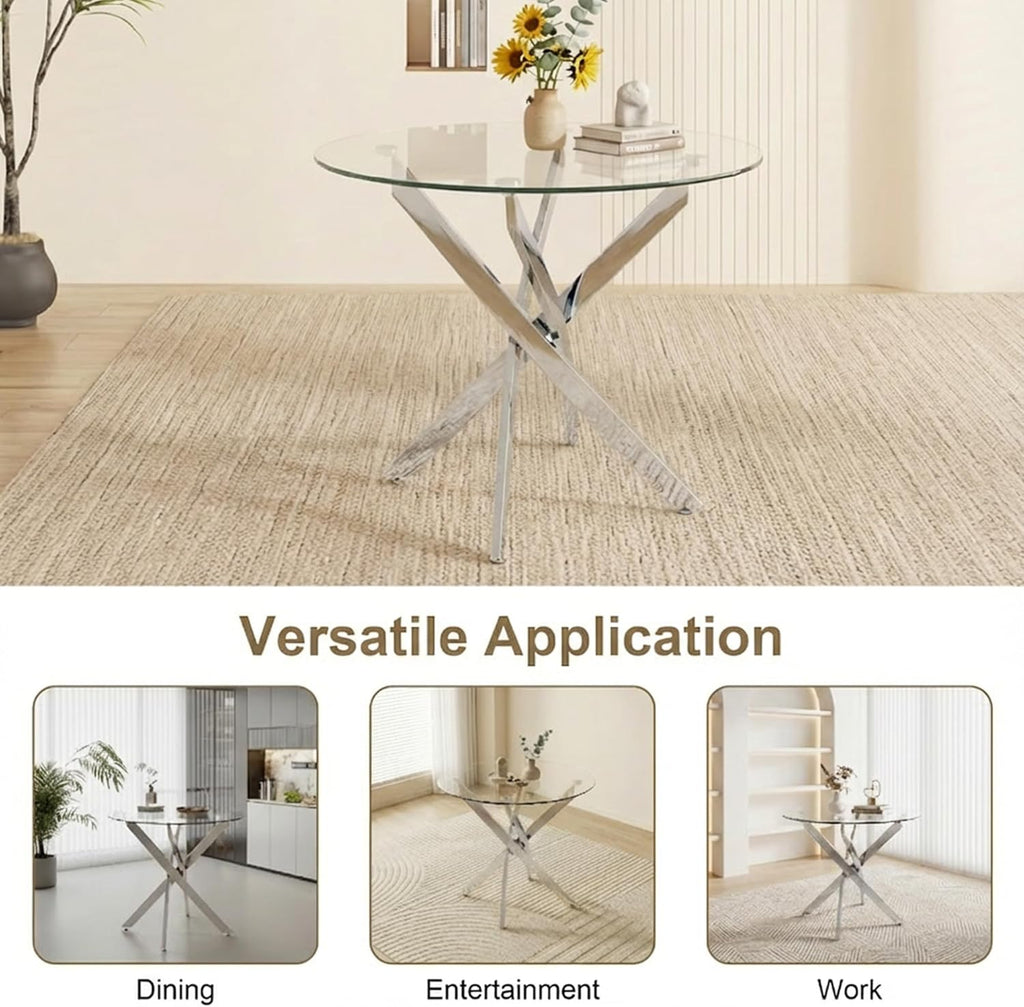 35.5 Inch Round Glass Dining Table, Modern Kitchen Table with 8mm Tempered Glass Top Chrome Metal Legs, Small Round Dining Table for 2–4 People Kitchen Dining Room Apartment