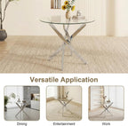 35.5 Inch Round Glass Dining Table, Modern Kitchen Table with 8mm Tempered Glass Top Chrome Metal Legs, Small Round Dining Table for 2–4 People Kitchen Dining Room Apartment