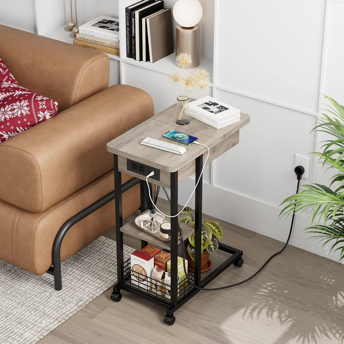 TrailBlaze C-Shaped Side Table with Charging Station, Flip Top End Table with USB Ports and Outlets, Narrow Side Table with 3 Tier Storage Shelf, C Table for Small Spaces, Bedroom, Living Room, Grey