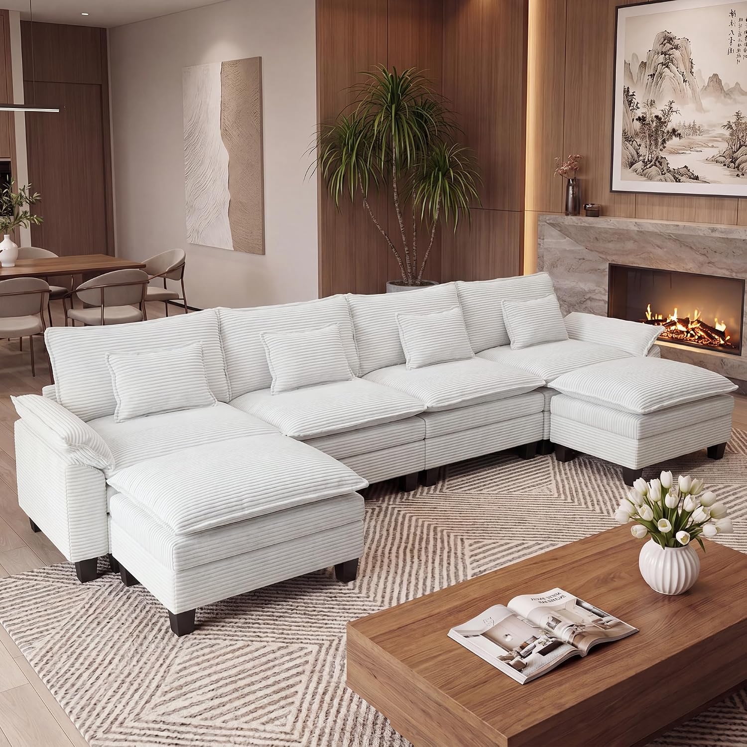 URRED Oversized Modular Sectional Sofa，Solid Beige：157" U Shaped | Modern Comfy Cloud Couch with Movable Ottoman and Pillow, Deep Seat Couches for Living Room, Bedroom or Apartment