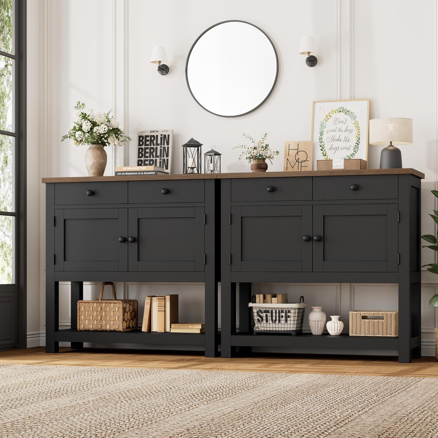 HOSTACK Farmhouse Console Table with 2-Door Cabinet & 2 Drawers, Coffee Bar, Entryway Table with Storage Shelf, Sofa Tables Buffet Sideboard for Kitchen, Hallway, Dining, Living Room, Black