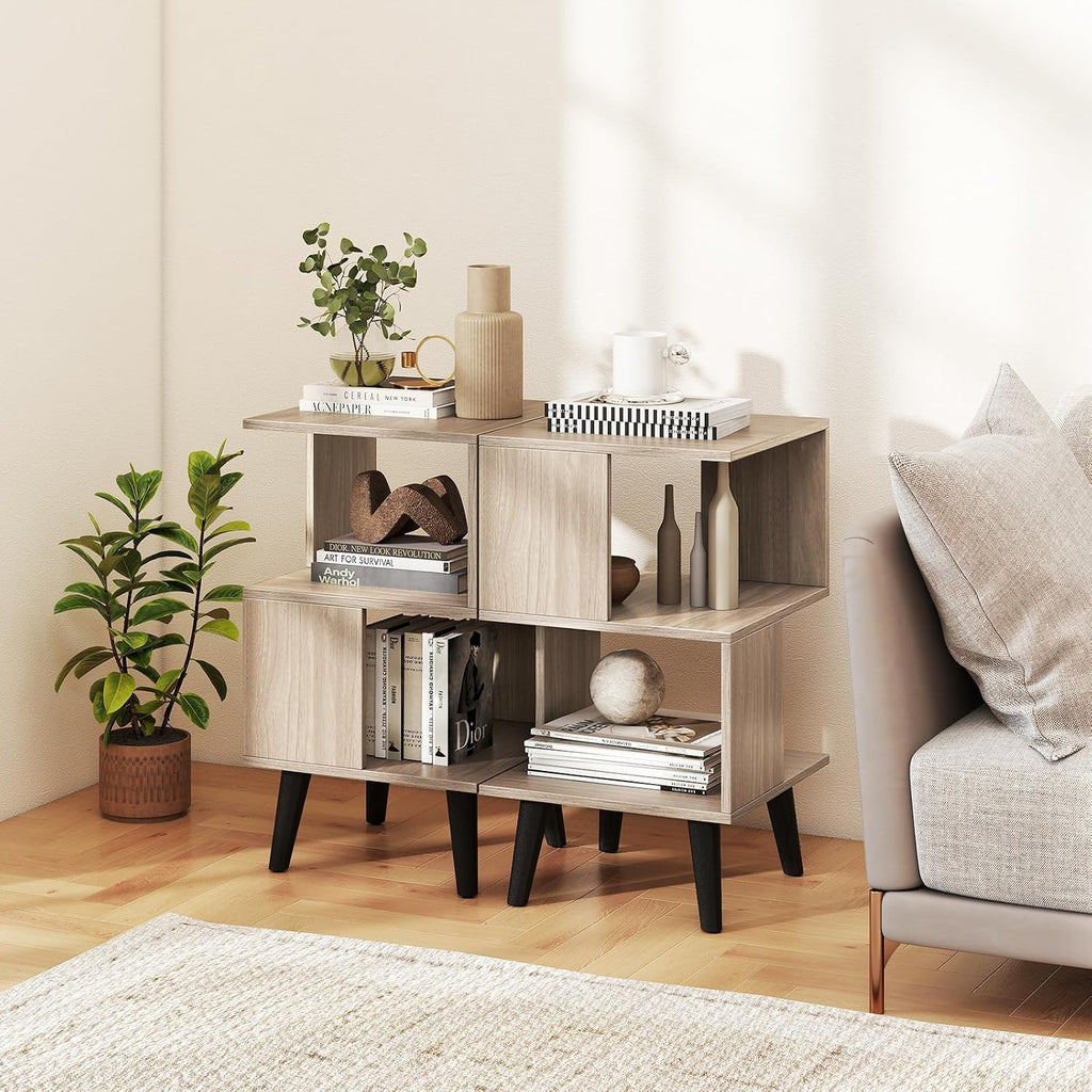 GOFLAME 3-Tier End Table Set of 2, Wood Sofa Side Table with Open Storage Shelves, Plastic Legs, Geometric Bedside Table, Modern Nightstand for Living Room, Bedroom, Small Spaces, Gray
