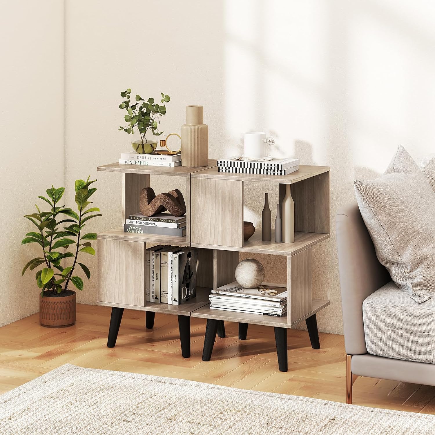 GOFLAME 3-Tier End Table Set of 2, Wood Sofa Side Table with Open Storage Shelves, Plastic Legs, Geometric Bedside Table, Modern Nightstand for Living Room, Bedroom, Small Spaces, Gray