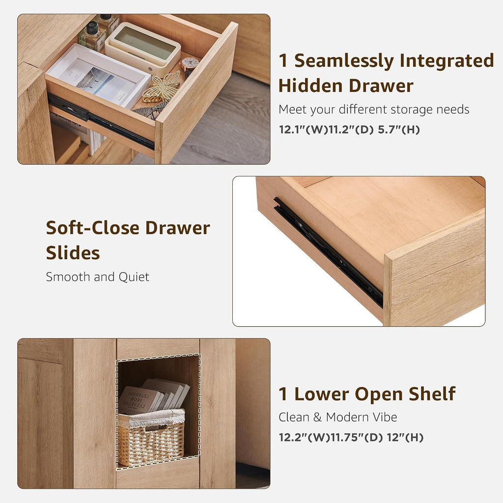 OKD 24'' Modern Nightstands Set of 2, Large End Table with Charging Station & Drawer Storage, Rustic Bedside Table for Bedroom, Living Room, Wood Thick Design, Natural Oak