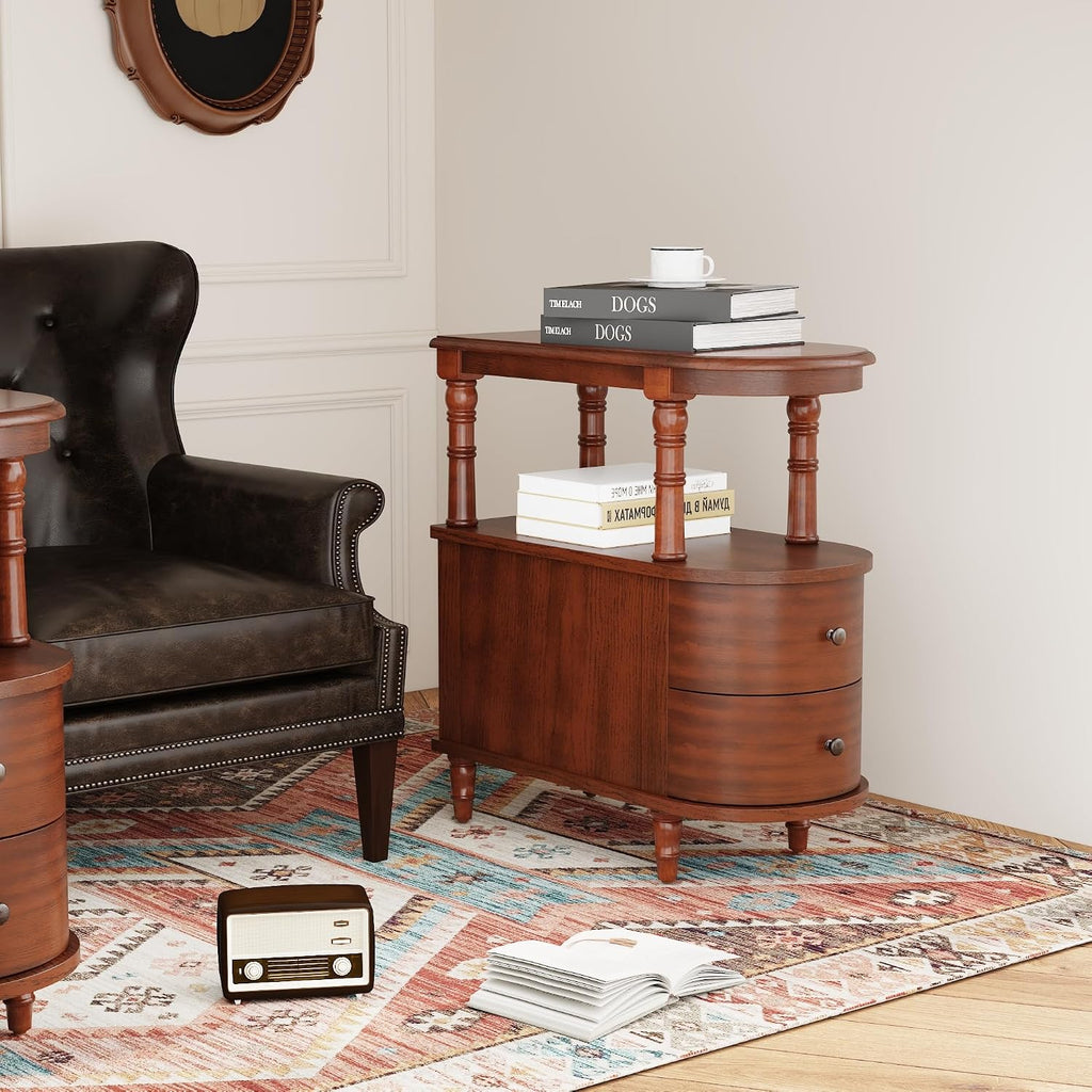 Narrow End Side Table With 2 Drawers and Storage Shelf, Slim Side Tables, Farmhouse Sofa Beside Table- for Small Spaces, Living Room Telephone Tables, Tools-free Assembly, Caramel Brown BG-A508-MG