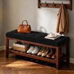 HUBSON 44" Entryway Shoe Bench, Upholstered End of Bed Bench with Solid Wood Shelf, Button Tufted Shoe Bench for Bedroom, Hallway, Living Room, Dark Grey