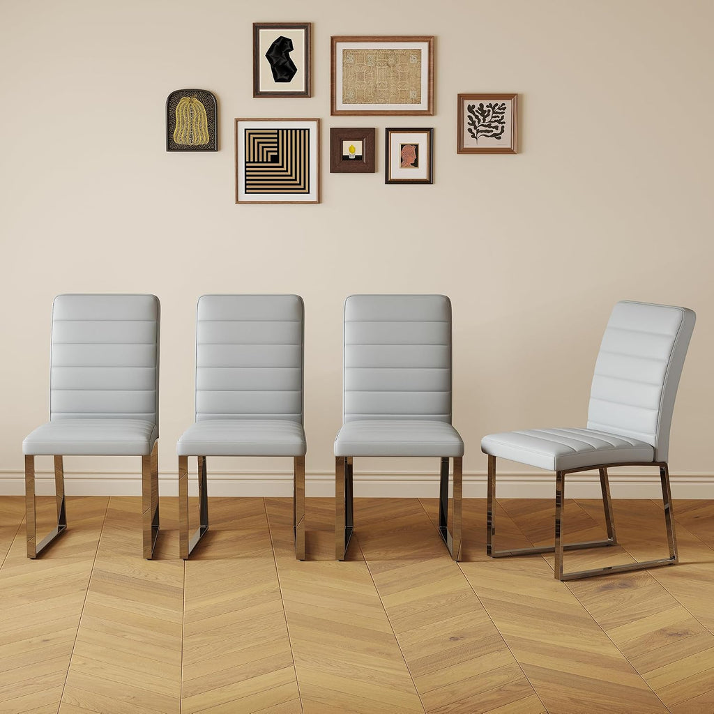 Hommoo Dining Chairs Set of 4, Faux Leather Upholstered Kitchen Chairs, Padded Seat Armless Dining Room Chair with Metal Leg, Modern Dinner Chair for Restaurant Living Room Grey