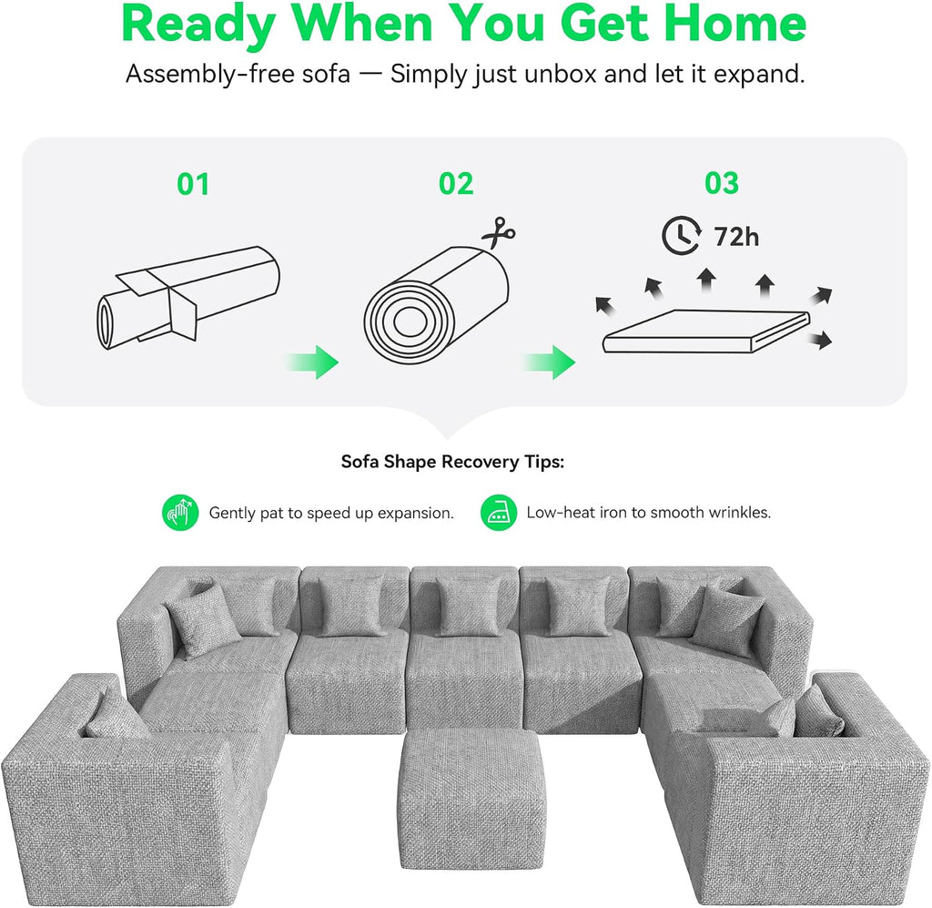 MONVANE Oversized Sectional Couch 10-Seat, Chenille, Light Gray | Sectional Couch for Living Room, Modular Cloud Sofa with Ottoman & 10 Throw Pillows, No Assembly Required