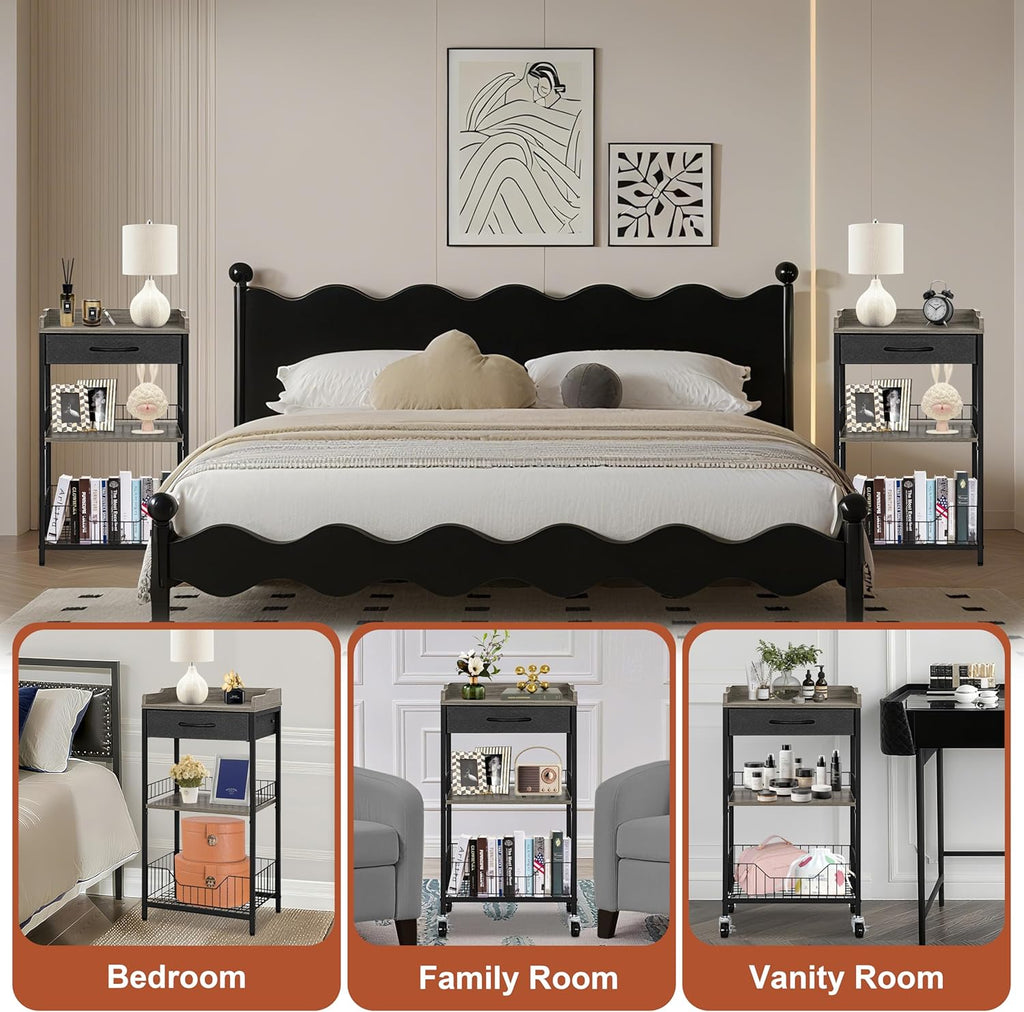 Tall Side Table with Drawer and Shelves, Narrow End Table with Optional Wheels, 4-Tier Small Side Table, 30" High for Living Room, Bedroom, Bathroom, Black & Grey