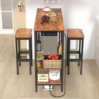 3-Piece Bar Table and Chairs Set,Counter Height Bar Table Set with Power Outlets and Storage Shelves,Dining Table Set with 2 Chairs,Industrial Table Chairs Set for Bar,Kitchen,Apartment