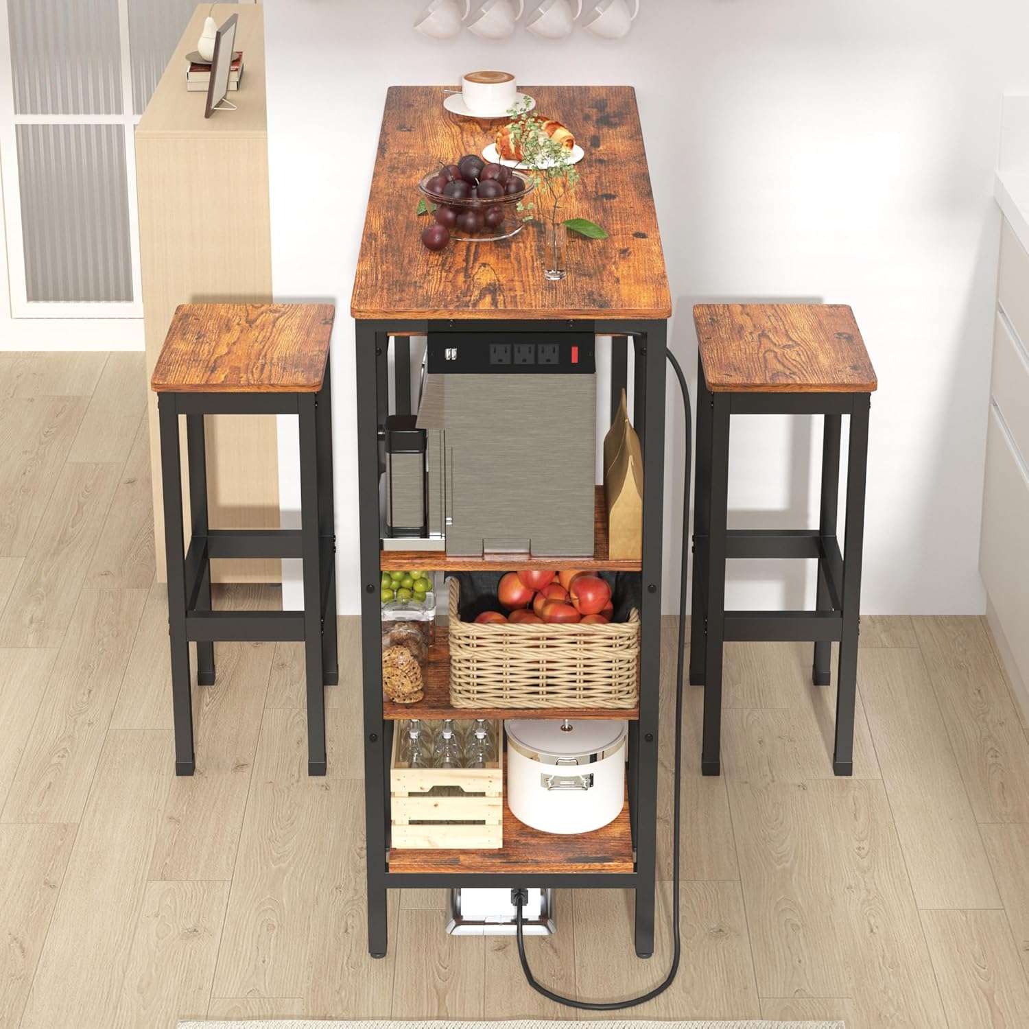 3-Piece Bar Table and Chairs Set,Counter Height Bar Table Set with Power Outlets and Storage Shelves,Dining Table Set with 2 Chairs,Industrial Table Chairs Set for Bar,Kitchen,Apartment