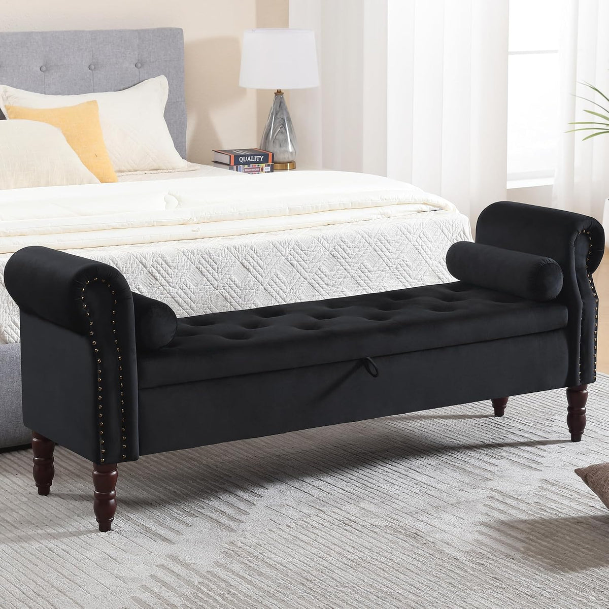 67" End of Bed Storage Bench King Size, Storage Bench for Bedroom, Velvet Bed Bench with Storage Upholstered Tufted Storage Ottoman Bench with Arms for Bedroom, Living Room, Entryway, Black