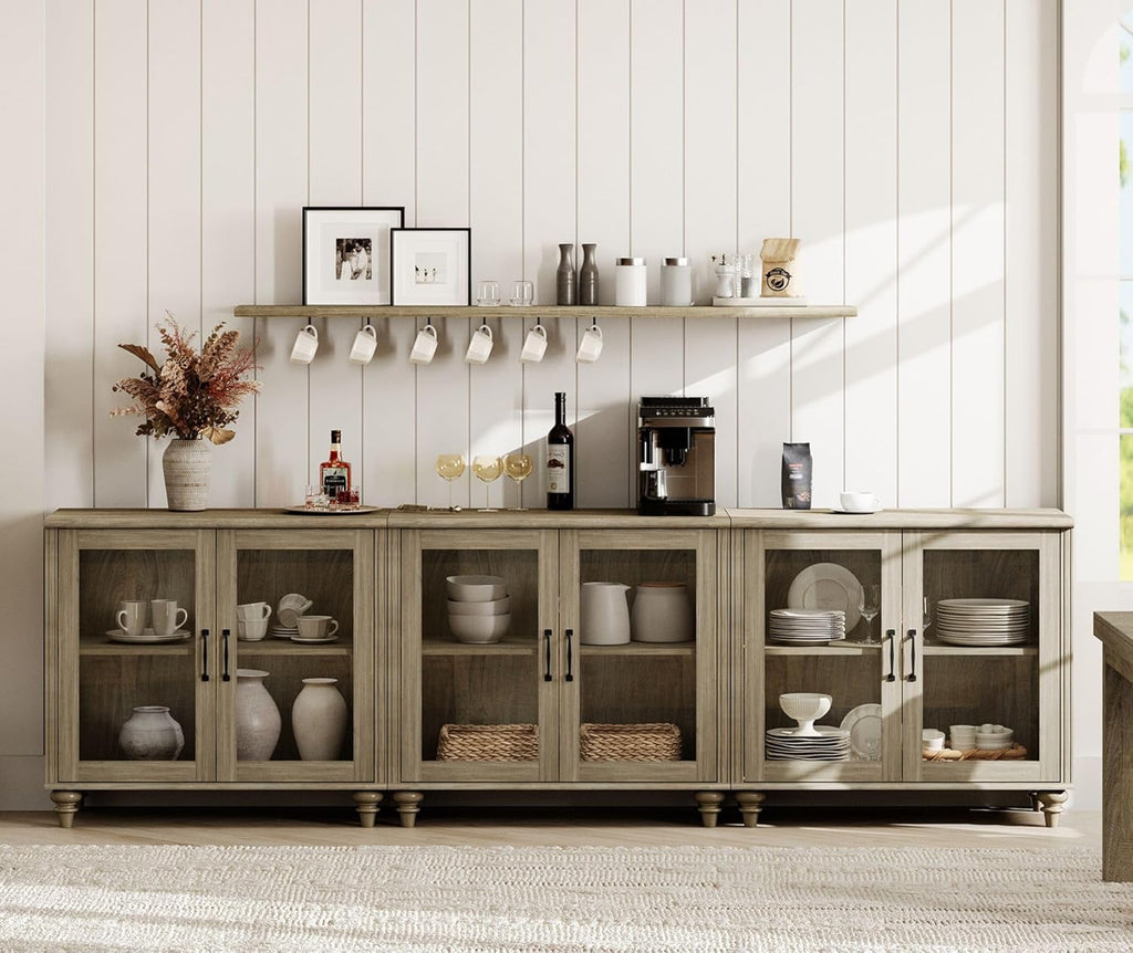 WAMAPT Farmhouse Sideboard Credenza with 6 Glass Doors, Large Coffee Bar Table with Adjustable Shelf, Wood Kitchen Storage Cabinets, Modern Buffet Cabinet for Dining Room, Grey, 101"