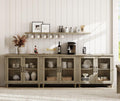 WAMAPT Farmhouse Sideboard Credenza with 6 Glass Doors, Large Coffee Bar Table with Adjustable Shelf, Wood Kitchen Storage Cabinets, Modern Buffet Cabinet for Dining Room, Grey, 101"
