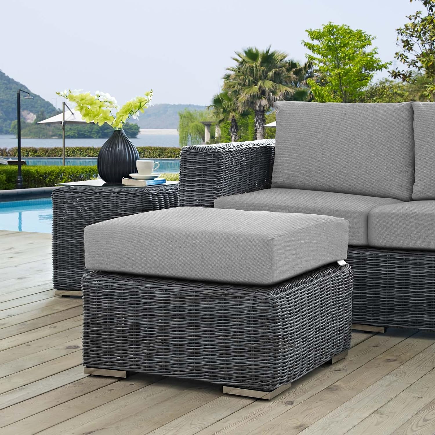 Modway Summon Wicker Rattan Outdoor Patio Sunbrella Square Ottoman in Canvas Gray