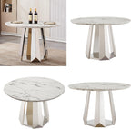 47" Round Dining Table, Mid-Century Modern Round Kitchen Table for 4-6People, High Gloss Faux Marble Tabletop and Stainless Steel Base for Dining Room, White Silver