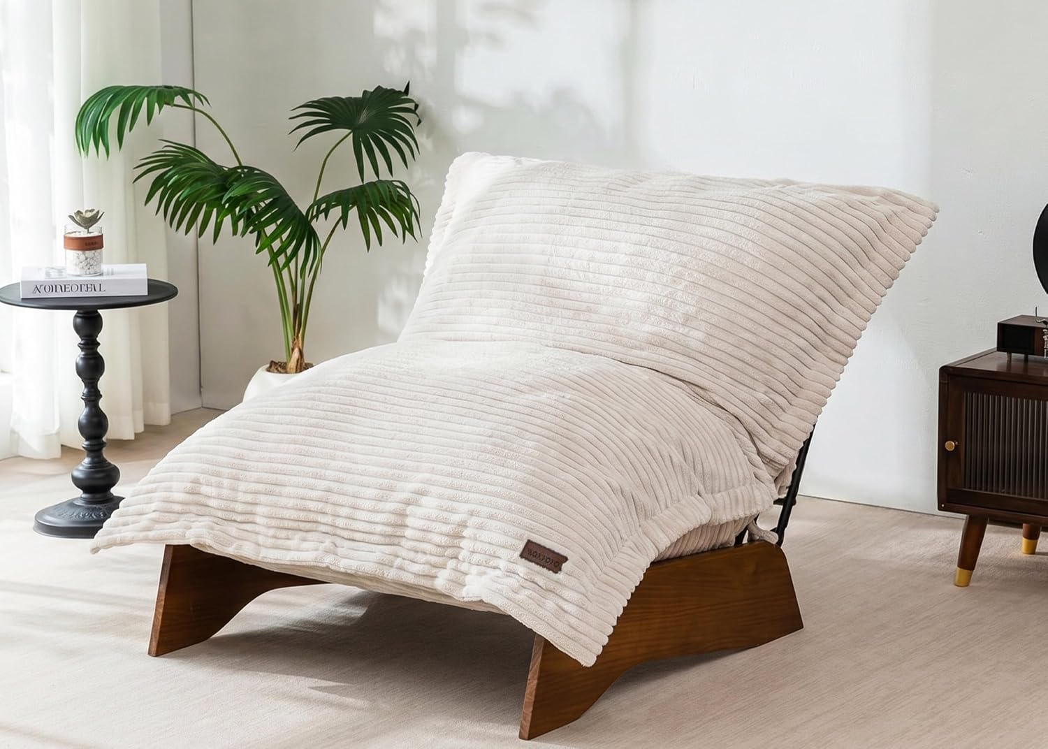 MAXYOYO Adjustable Living Room Chair, 3-Position Bean Bag Chair with Frame | Upholstered Accent Chair with Frame, Removable Cushion, Soft Reclining Lounge for Bedroom, Apartment, Office, Beige