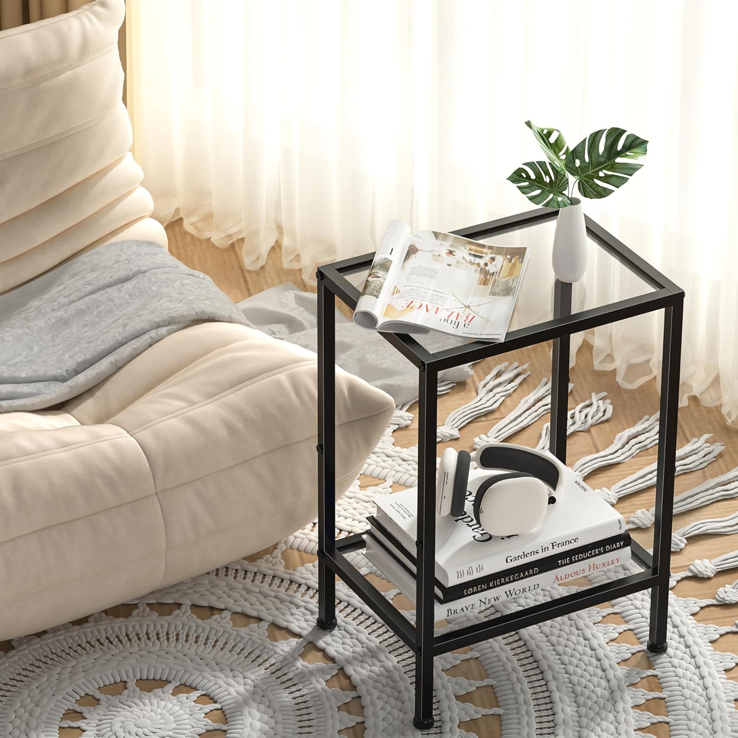 Side Tables Set of 2,Tempered Glass End Tables, 2-Tier Nightstands with Open Shelves, Small Coffee Table with Modern Style, Accent Table Small Table Sofa Table for Living Room, Bedroom, Black