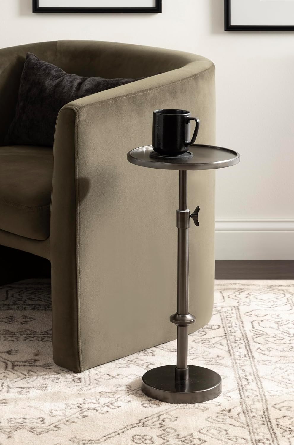 Kate and Laurel Engles Traditional Adjustable-Height Pedestal Drink Table, 10 x 10 x 30, Polished Gunmetal, Vintage Round Living Room Pedestal Table for Indoor Plant Stand with Protective Tabletop Lip