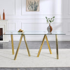 71" Glass Gold Dining Table for 6-8, Modern Dining Room Table with 0.39" Tempered Glass Top and 6 Metal Round Tube Legs, Rectangle Kitchen Dinner Table for Dining Room
