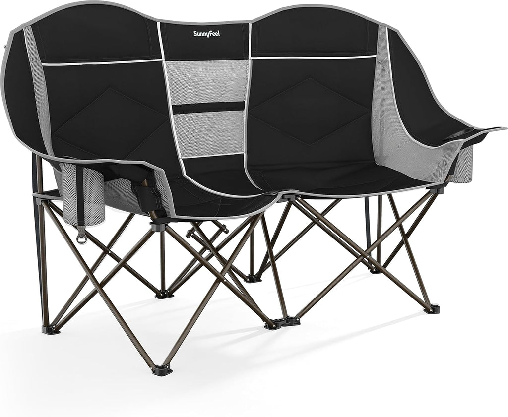 SUNNYFEEL Double Camping Chair Portable Folding Loveseat for 2 Adults Heavy Duty Oversized Camping Couch 600 lbs with Cup Holders & Storage for Outdoor Camping, Beach, Lawn, Patio RV & Indoor Use
