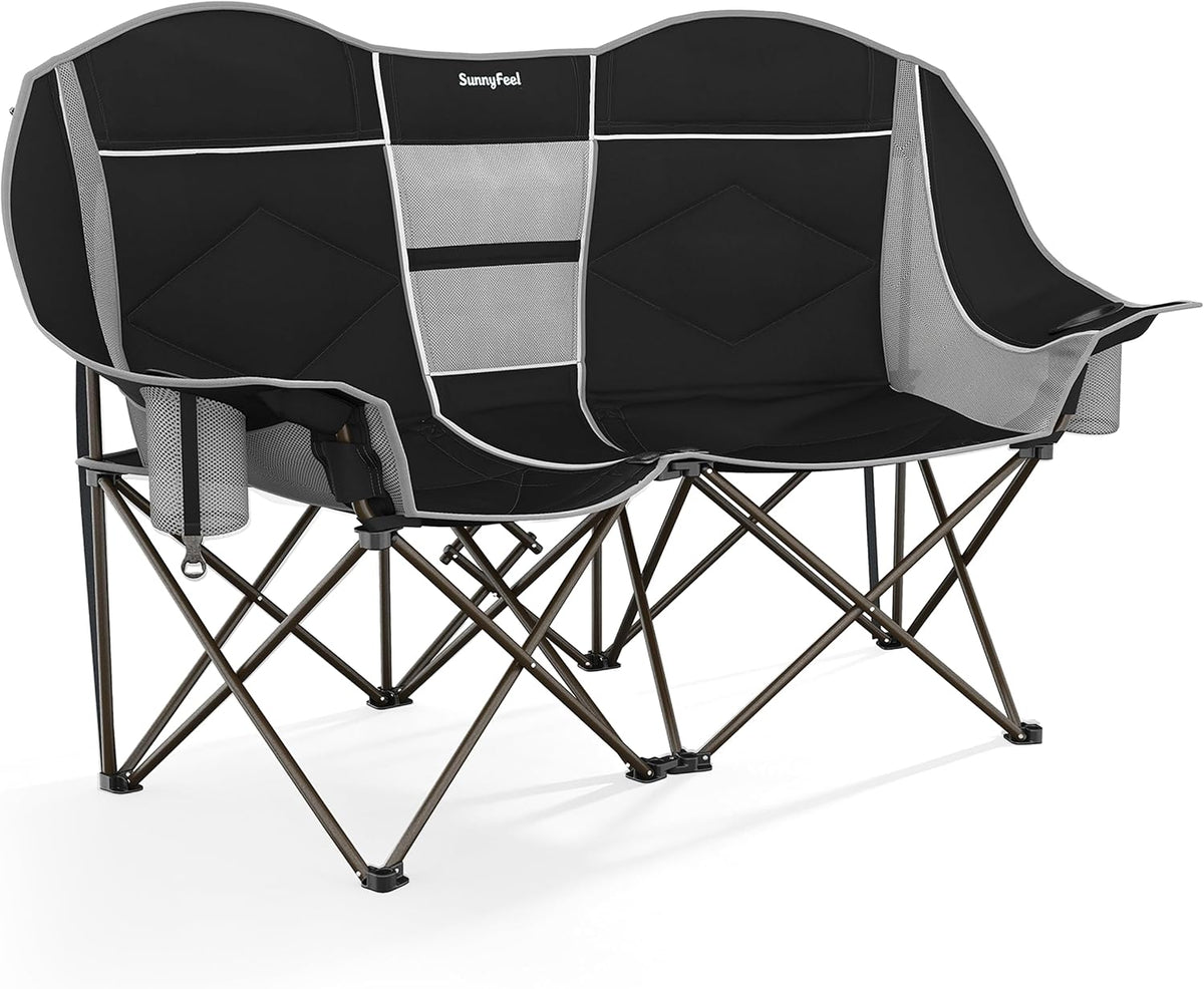 SUNNYFEEL Double Camping Chair Portable Folding Loveseat for 2 Adults Heavy Duty Oversized Camping Couch 600 lbs with Cup Holders & Storage for Outdoor Camping, Beach, Lawn, Patio RV & Indoor Use