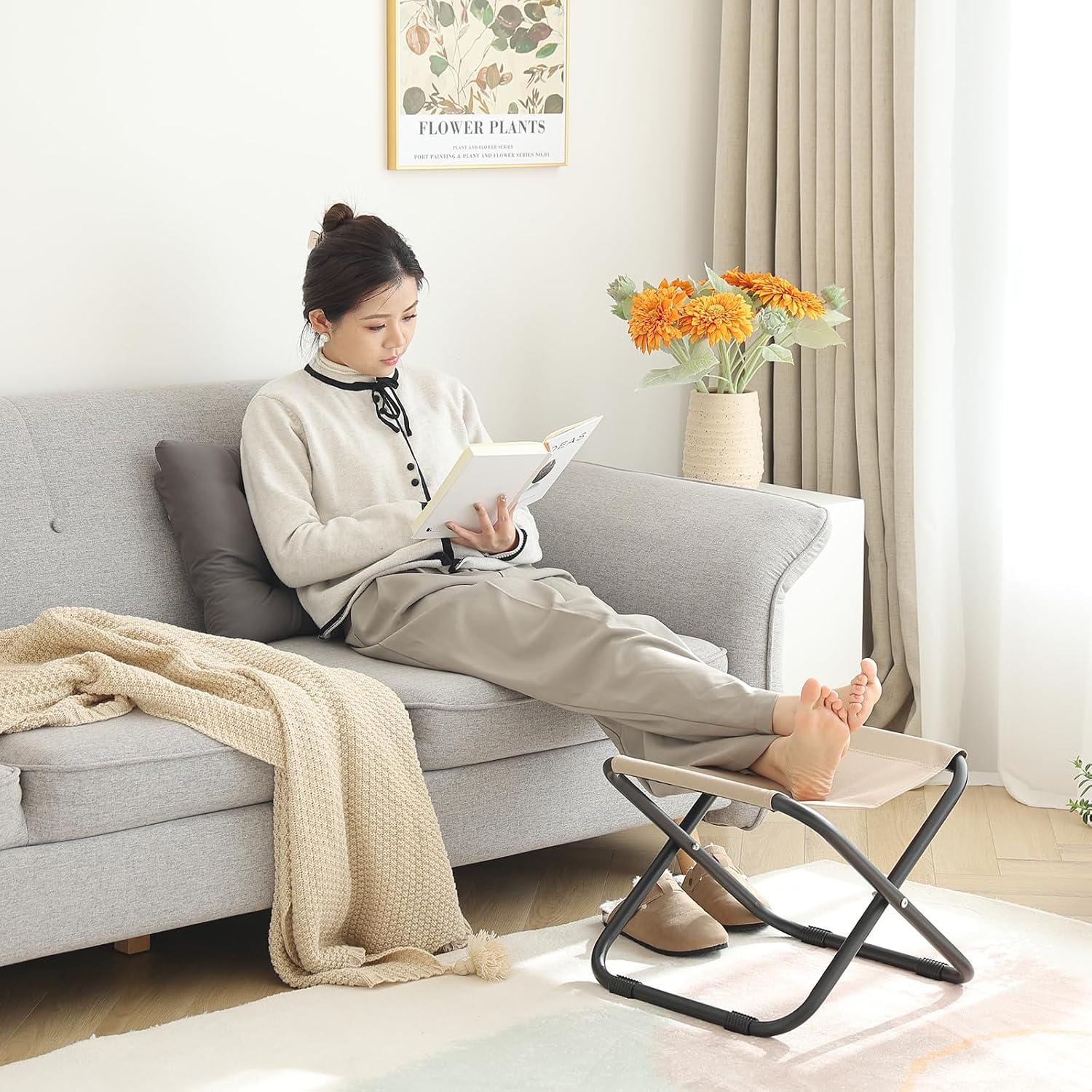 LITA Folding Upholstered Footrest with Straight & Square Shape,Small Ottoman， Dark Grey