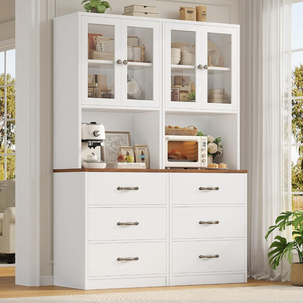 Keyluv 71“ Tall Kitchen Pantry Storage Cabinet with Microwave Stand, Buffet Kitchen Hutch with Shelves and Drawers, Wood Coffee Bar Pantry Cabinet with Glass Doors, for Dining Room/Small Space, White