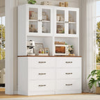 Keyluv 71“ Tall Kitchen Pantry Storage Cabinet with Microwave Stand, Buffet Kitchen Hutch with Shelves and Drawers, Wood Coffee Bar Pantry Cabinet with Glass Doors, for Dining Room/Small Space, White