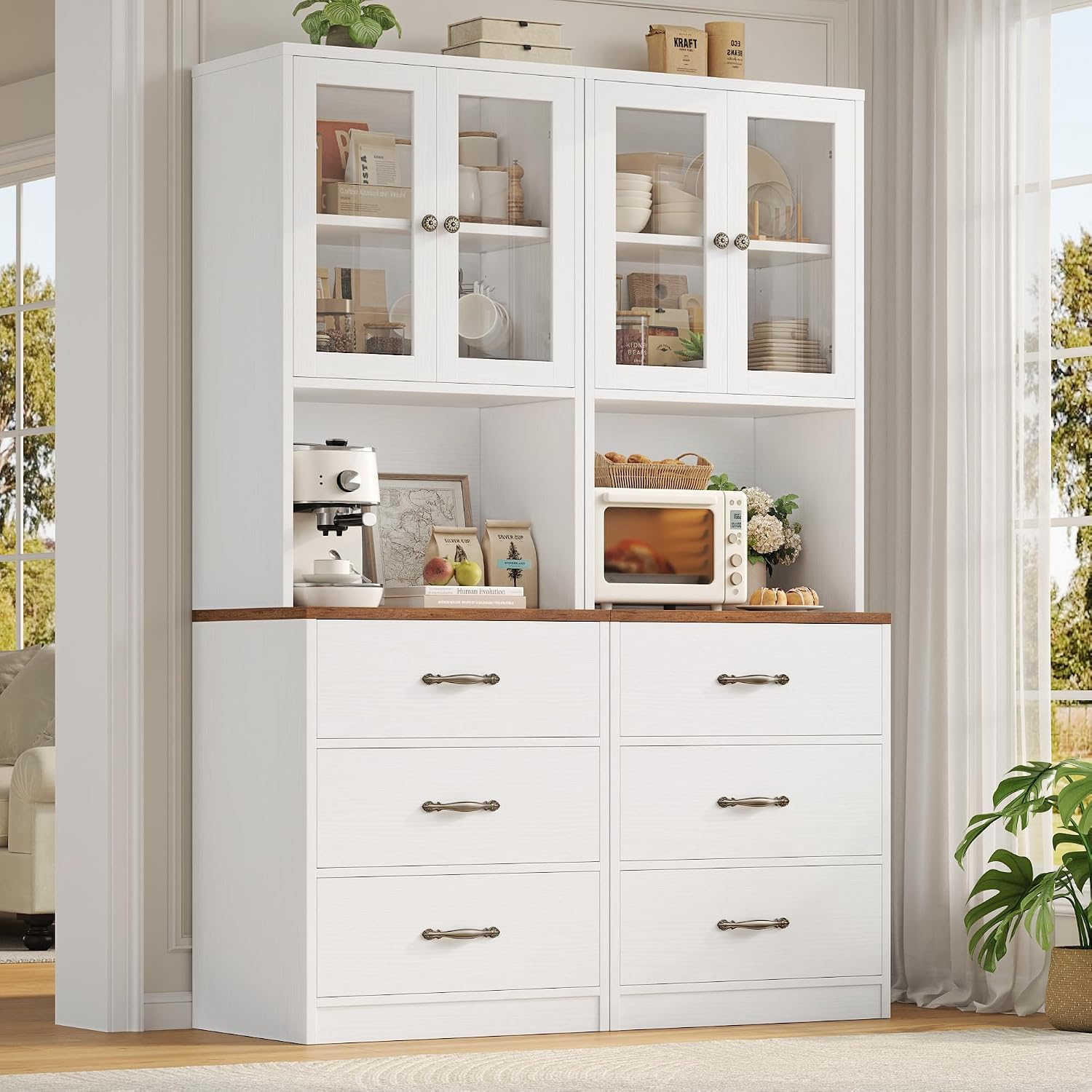 Keyluv 71“ Tall Kitchen Pantry Storage Cabinet with Microwave Stand, Buffet Kitchen Hutch with Shelves and Drawers, Wood Coffee Bar Pantry Cabinet with Glass Doors, for Dining Room/Small Space, White
