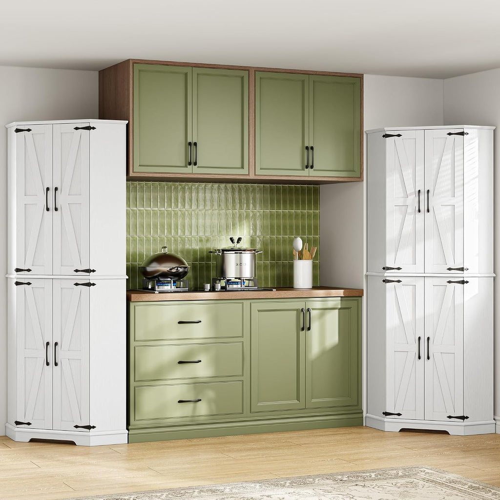 IRONCK Corner Cabinet, 72" Farmhouse Pantry Cabinet, White | 6 Tiers Shelves with 2 adjustable shelves, 240° swivel doors and spacious storage for kitchens, dining rooms, living rooms