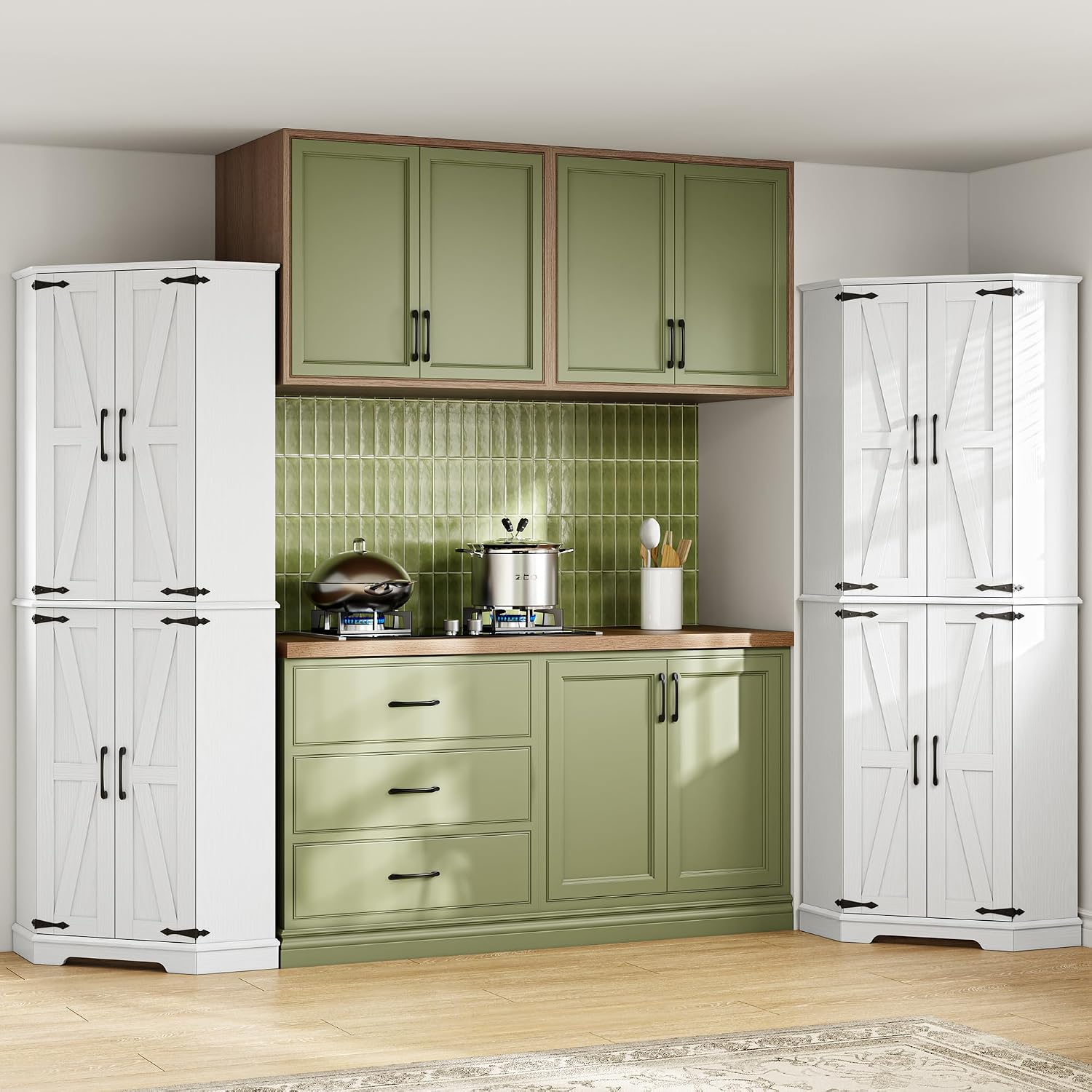 IRONCK Corner Cabinet, 72" Farmhouse Pantry Cabinet, White | 6 Tiers Shelves with 2 adjustable shelves, 240° swivel doors and spacious storage for kitchens, dining rooms, living rooms