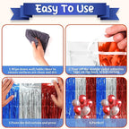 2 Pack Blue Red Silver Foil Fringe Backdrop Curtains, Tinsel Streamers Party Decorations, Fringe Backdrop, Door Shimmer for Independence Day or Birthday Party