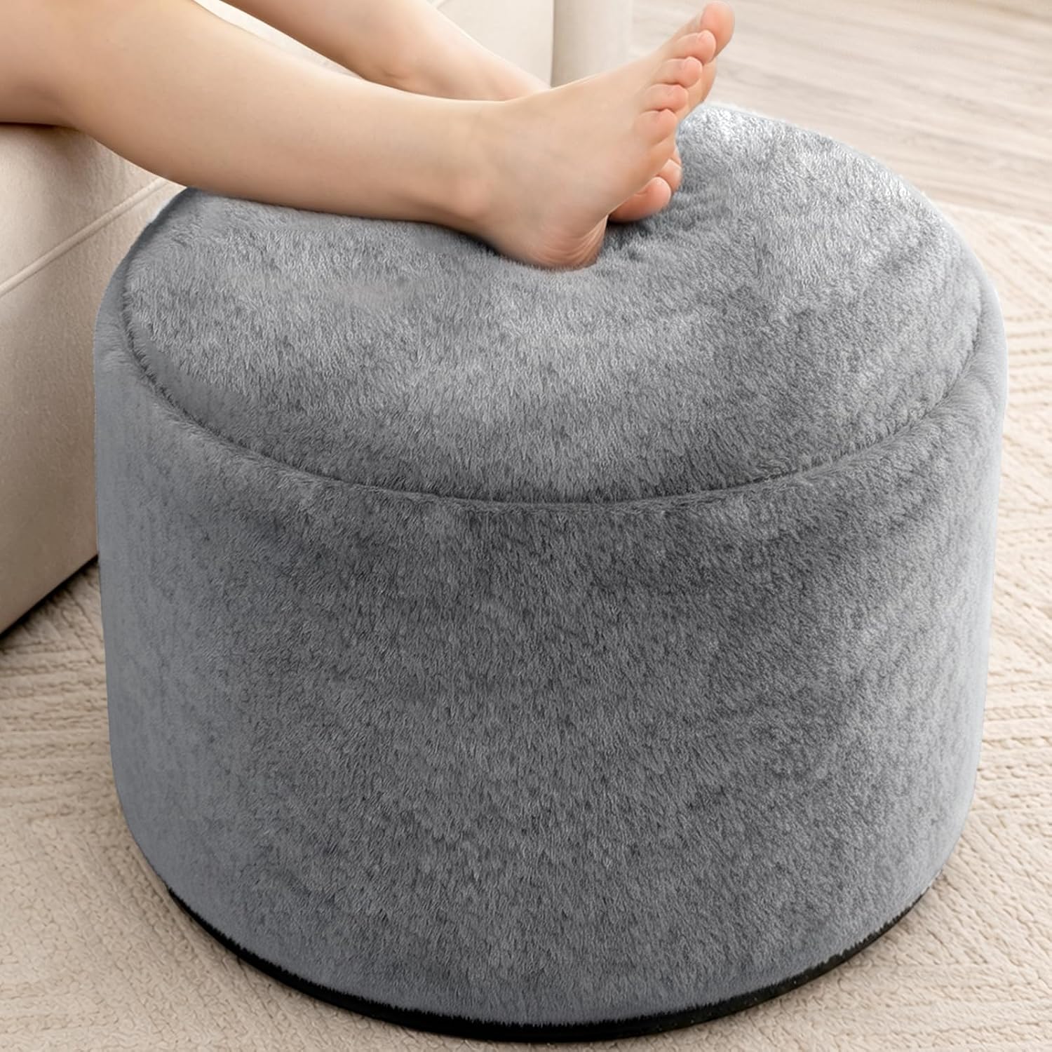 WSOFRLAC Round Pouf Ottoman, Small Poofy Ottoman, Foot Stools Ottomans, Foot Rest for Couch, Furry Poufs for LivingRoom, Hassocks and Ottomans Soft for Chair, Memory Foam Filling-Dark Grey 20x15