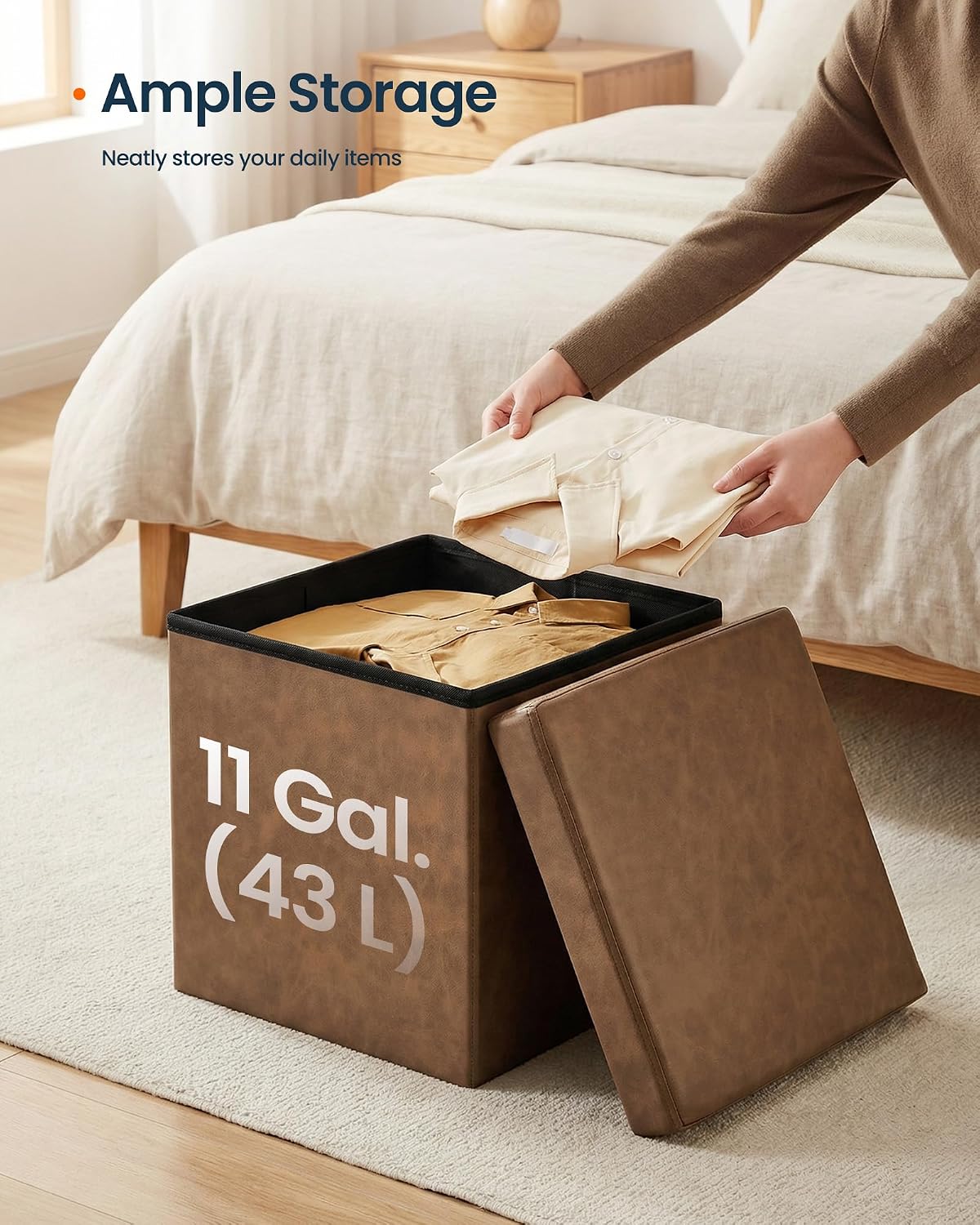 SONGMICS HOME Storage Ottoman, Removable Lid, Foldable Foot Stool, PU Leather, for Entryway, Living Room, Bedroom, 15.2 x 15.2 x 15.2 Inches, Brown