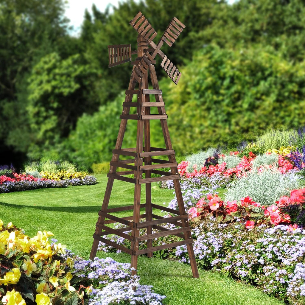Wooden Windmill, Weather-Proof Wind Spinner, Outdoor Wind Mill for Garden Lawn Patio Decoration (Carbonized, Large)