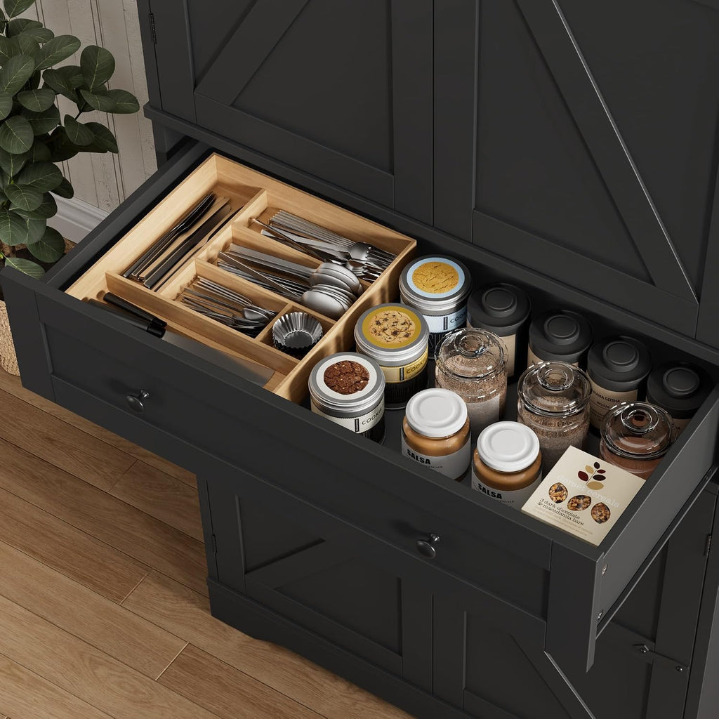 HOSTACK 71" Tall Pantry Cabinet, Farmhouse Kitchen Pantry with Storage Shelves, Barn Doors Food Storage Cabinet, Freestanding Kitchen Hutch with Large Drawer for Dining Room, Living Room, Black