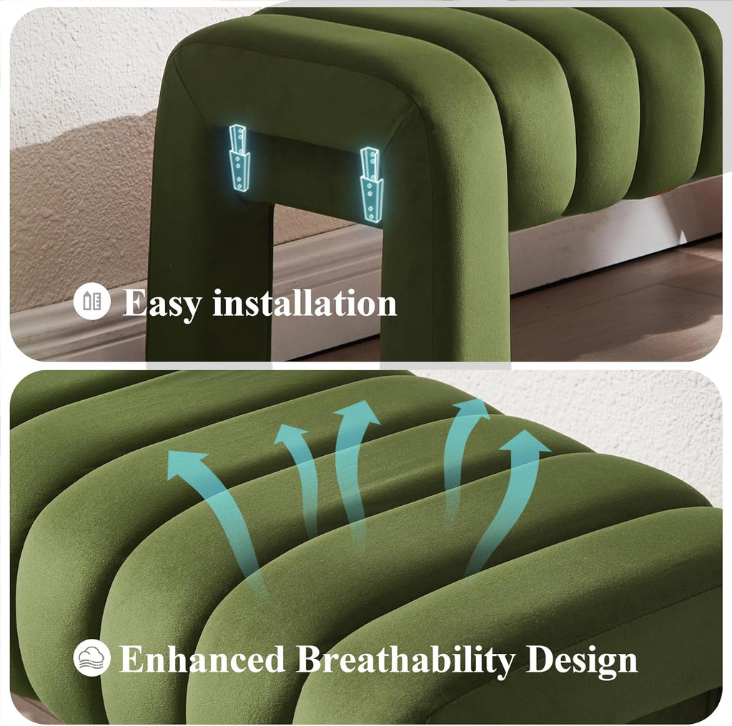 63’’ Bedroom Bench, Upholstered End of Bed Bench with Solid Wood Legs, Modern Dining Bench with Full Covered Fabrics for Entryway, Bedroom, Living Room (Green, Velvet)