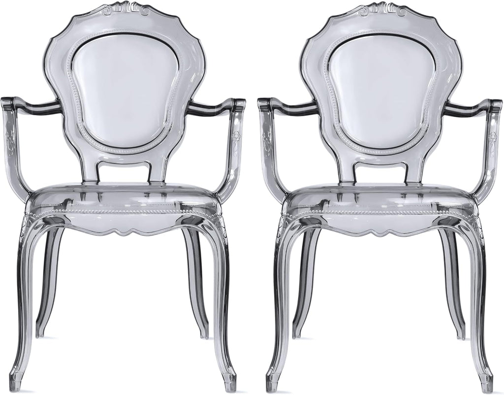 2xhome Stackable Ghost Dining Chair | Transparent Vanity Armchair | Louis Belle Style Kitchen Patio Chair Parent (2, Smoke, Armchair)