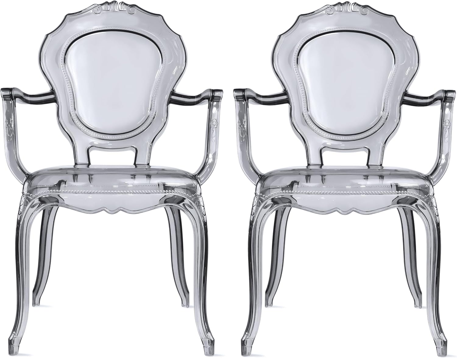 2xhome Stackable Ghost Dining Chair | Transparent Vanity Armchair | Louis Belle Style Kitchen Patio Chair Parent (2, Smoke, Armchair)