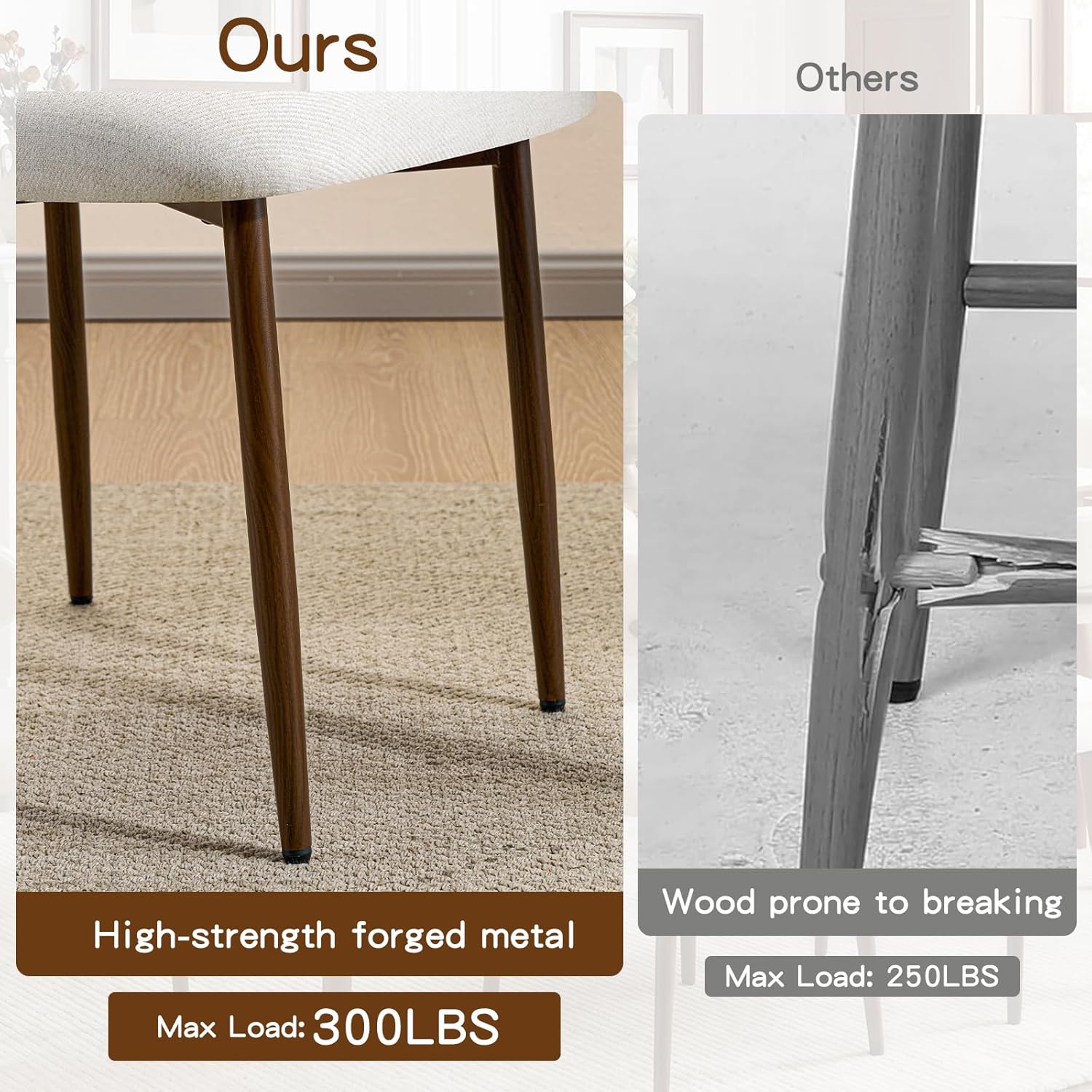 Furniliving Mid Century Modern Dining Chairs Set of 4, 300 lbs Capacity Upholstered Linen Kitchen Chairs with Walnut Grain Metal Legs and Ergonomic Curved Back, Beige