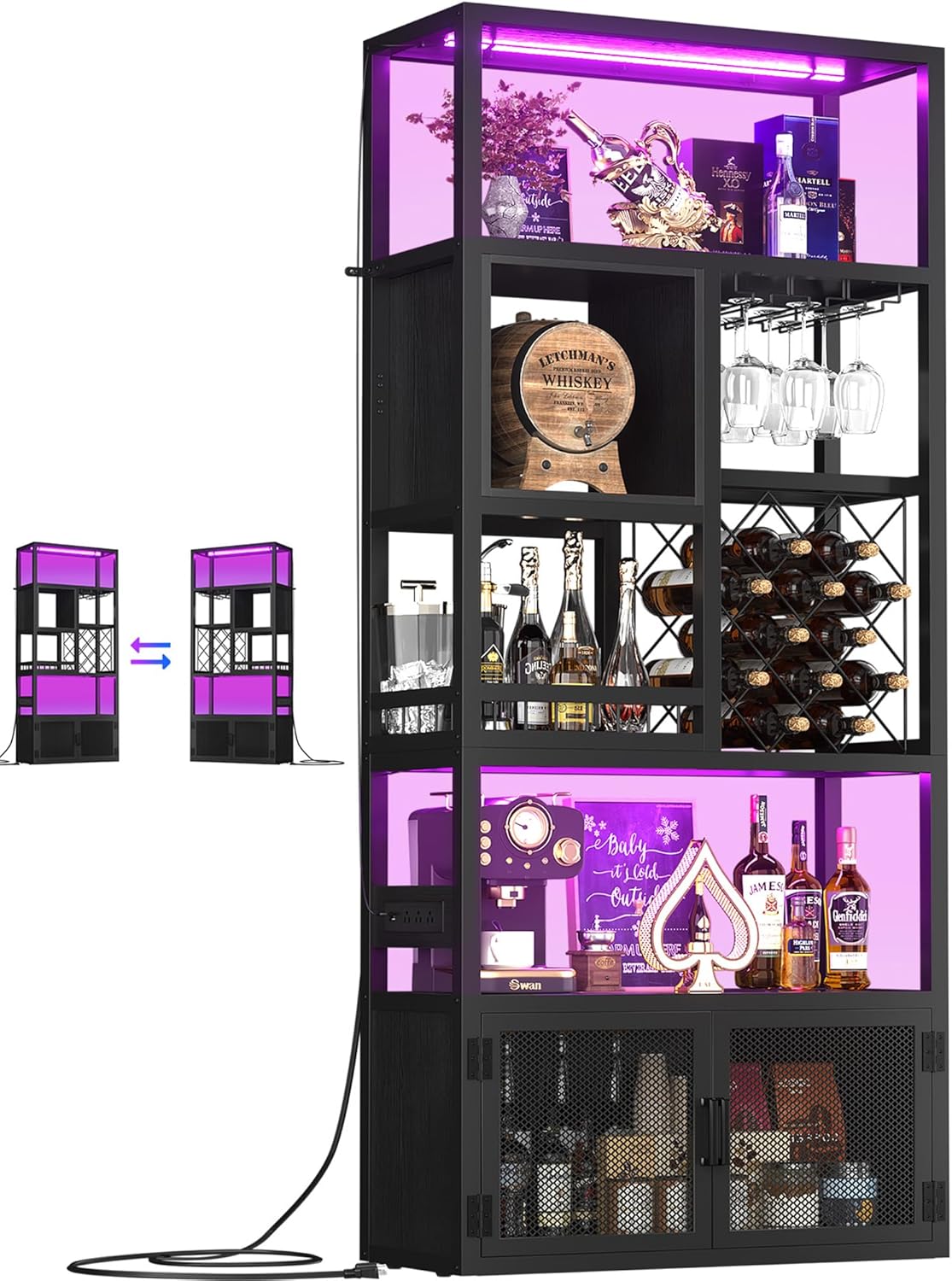 Armocity 82.6" Tall Bar Cabinet with Power Outlets & LED Lights, Liquor Cabinet Bar for Home, Reversible Coffee Station Wine Cabinet with Glass Holder & Wine Rack for Small Space, Black